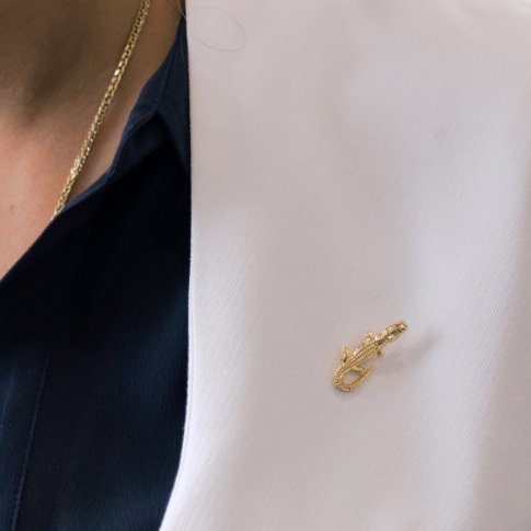Gold alligator shaped pin on white lab coat